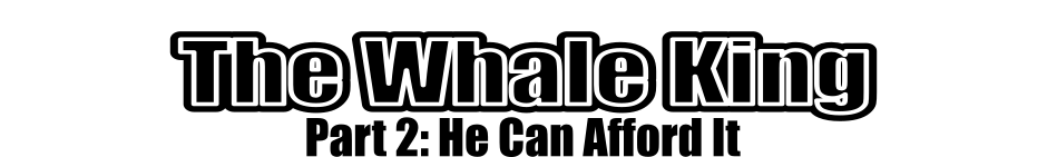 A 4 panel grayscale comic featuring a king sitting on his throne with a smart phone titled "The Whale King Part 2: He Can Afford It".
Panel 1.
The king is looking angrily down at the phone.
King: Blast it! Why do I always lose this stupid game so close to victory?
Panel 2.
We see the phone from the king's perspective. It shows a sad blob and asks "Need a Life?" The next life is in 10 minutes or costs a gem.
King: And now I must sit here like a fool waiting for it to let me try again! Unless...
Panel 3.
The phone now shows a "Gem Shop" page. He is on the tab showing gems can be bought for coins at a rate of about 3 per coin with bonuses for bulk purchases. There are also tabs for furniture, weapons, and people.
King: I mean... I do have a lot of gold. I could part with a few coins.
Panel 4.
Cut back out to a close up of the king cheerily making a purchase. The phone makes a kaching sound.
King: Ah, heck with it. Gimme some Gummy Gems!