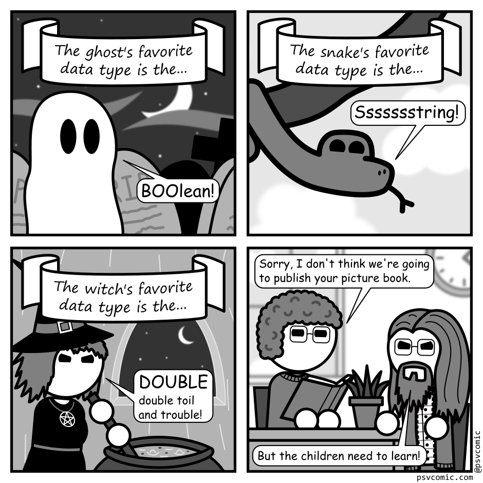 A 4 panel grayscale comic.
Panel 1.
A storybook title reads: The ghost's favorite data type is the...
A ghost says: BOOlean!
Panel 2.
A storybook title reads: The snake's favorite data type is the...
A snake says: Ssssssstring!
Panel 3.
A storybook title reads: The witch's favorite data type is the...
A witch says: DOUBLE double toil and trouble!
Panel 4.
An older woman is sitting at a desk holding a book, talking to a man with long hair, a beard, and glasses.
Woman: Sorry, I don't think we're going to publish your picture book.
Man: But the children need to learn!