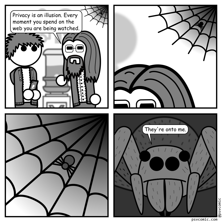 A 4 panel black, white, and grey comic.
Panel 1.
A man with long hair, a beard, and glasses (Programmer) is gesturing seriously at a man with messy hair. A spider web with a spider in it can be seen in the top right corner.
Programmer: Privacy is an illusion. Every moment you spend on the web you are being watched.
Panel 2.
We zoom in on the web with Programmer's head just in frame.
Panel 3.
We zoom further into the spider in the web.
Panel 4.
We cut to the spider's face.
Spider: They're onto me.