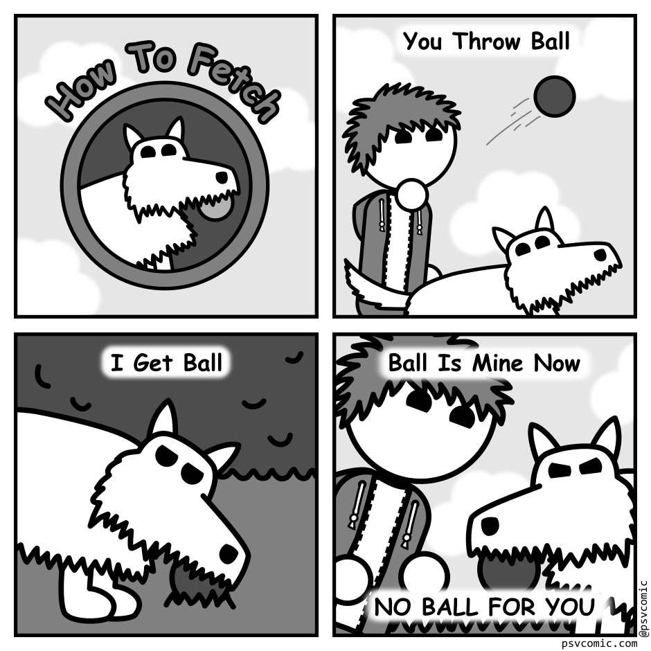 A 4 panel grayscale comic featuring a man with messy hair (Jim) and a scruffy dog.
Panel 1.
A title panel with the words "How To Fetch" arced over the image of a dog with a ball in its mouth framed in a circle. Clouds float in the background.
Panel 2.
Titled "You Throw Ball". Jim is throwing a ball which the happy dog is chasing.
Panel 3.
Titled "I Get Ball". The dog is ducking down to pick the ball up from the grass in front of a bush.
Panel 4.
Titled "Ball Is Mine Now". Jim is trying to coax the ball from a grumpy looking dog. At the bottom the text reads "NO BALL FOR YOU".